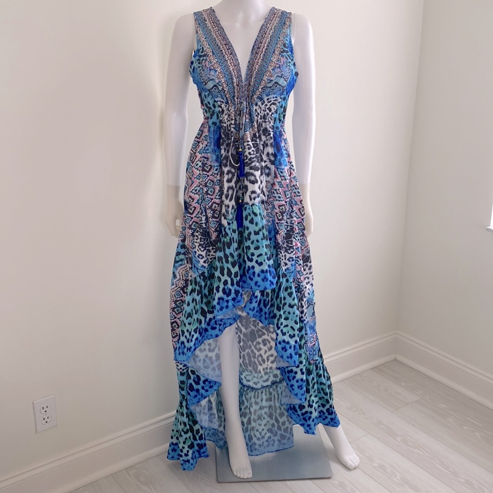 True Colours by La Moda Hi-Low Frill Maxi Resort Dress Swim Cover-up Blu…